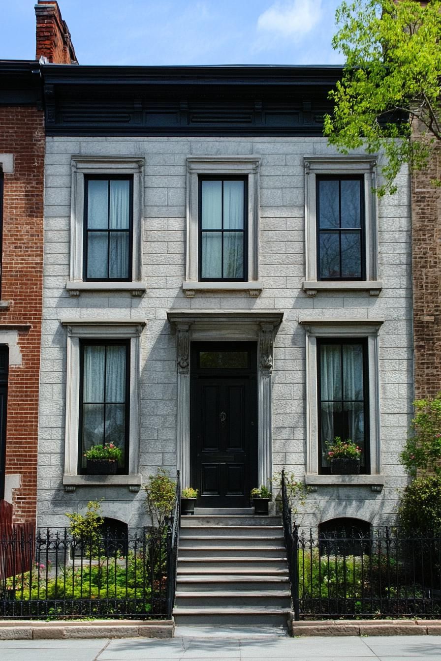 Elegant townhouse with stone facade and black door