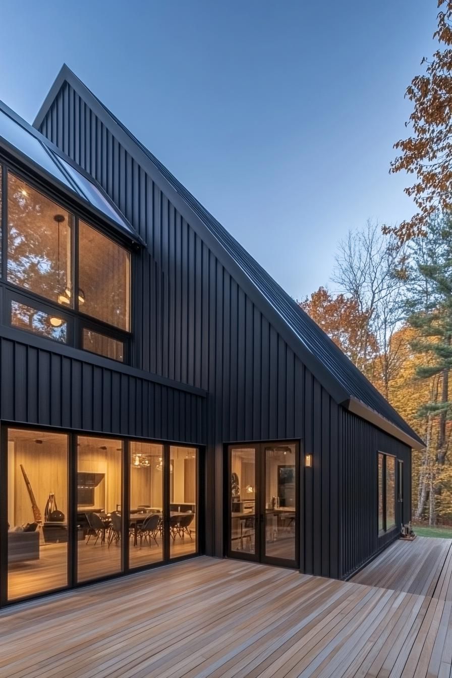 Modern long house with large windows and black exterior