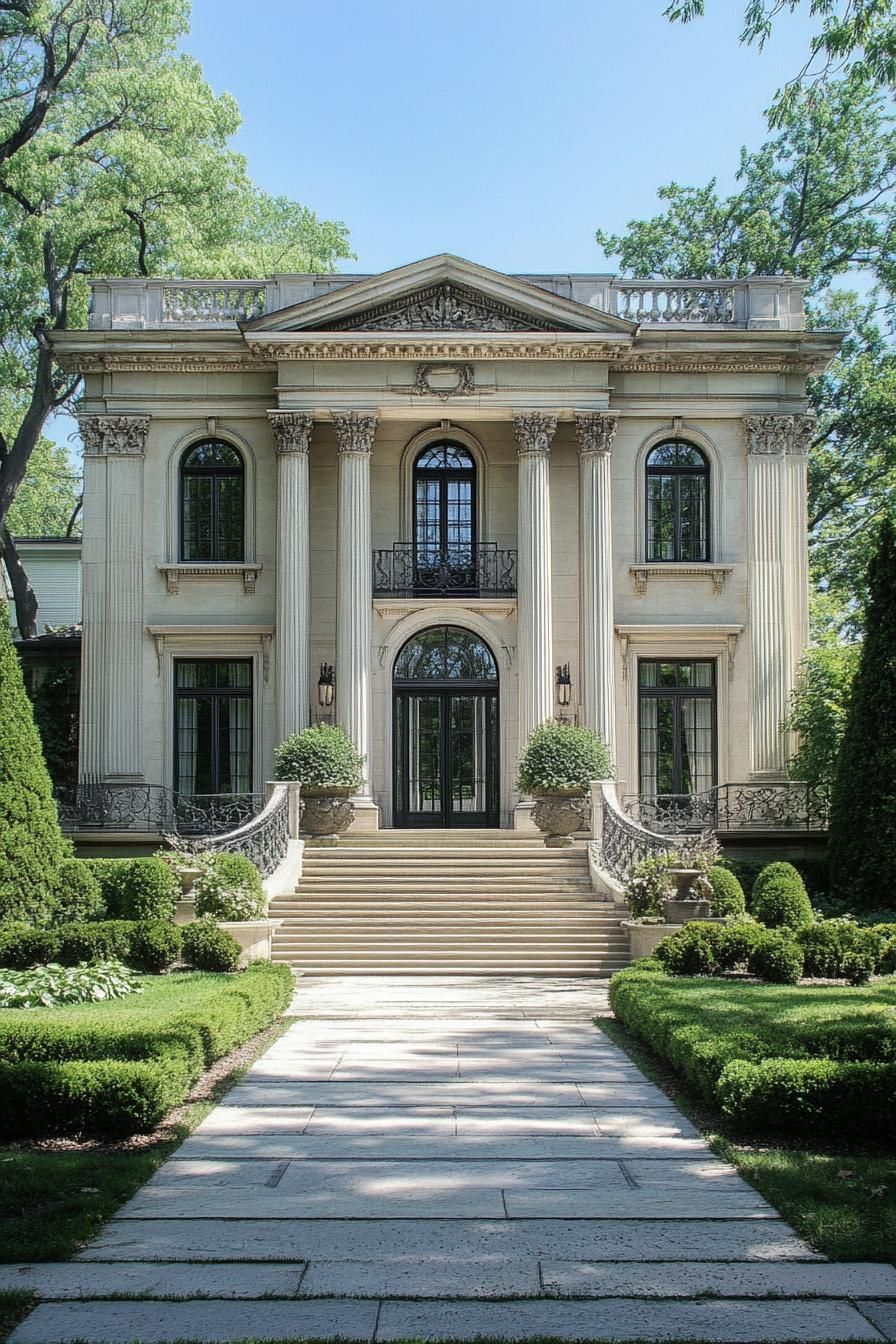 Traditional mansion with grand steps and lush greenery