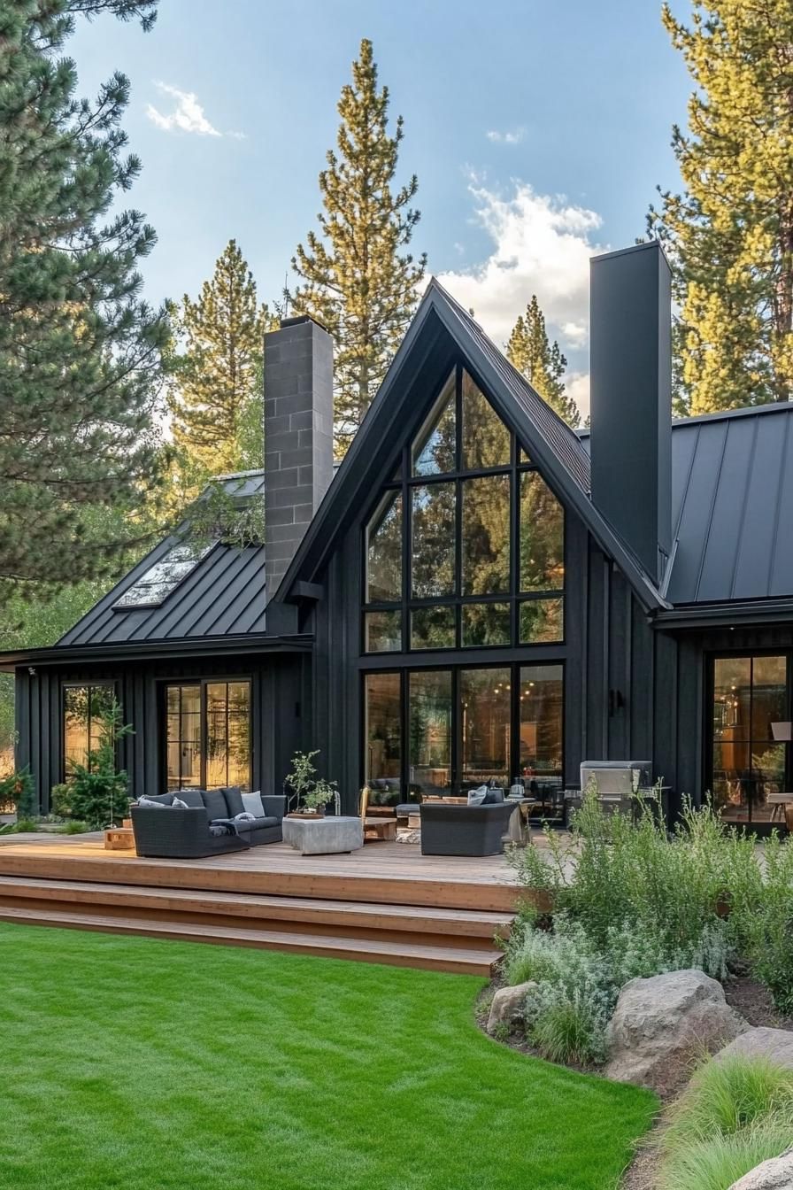 large modern cottage in black board and batten siding big black a frame metal roof with chimney large modern windows large wooden patio raised with 2