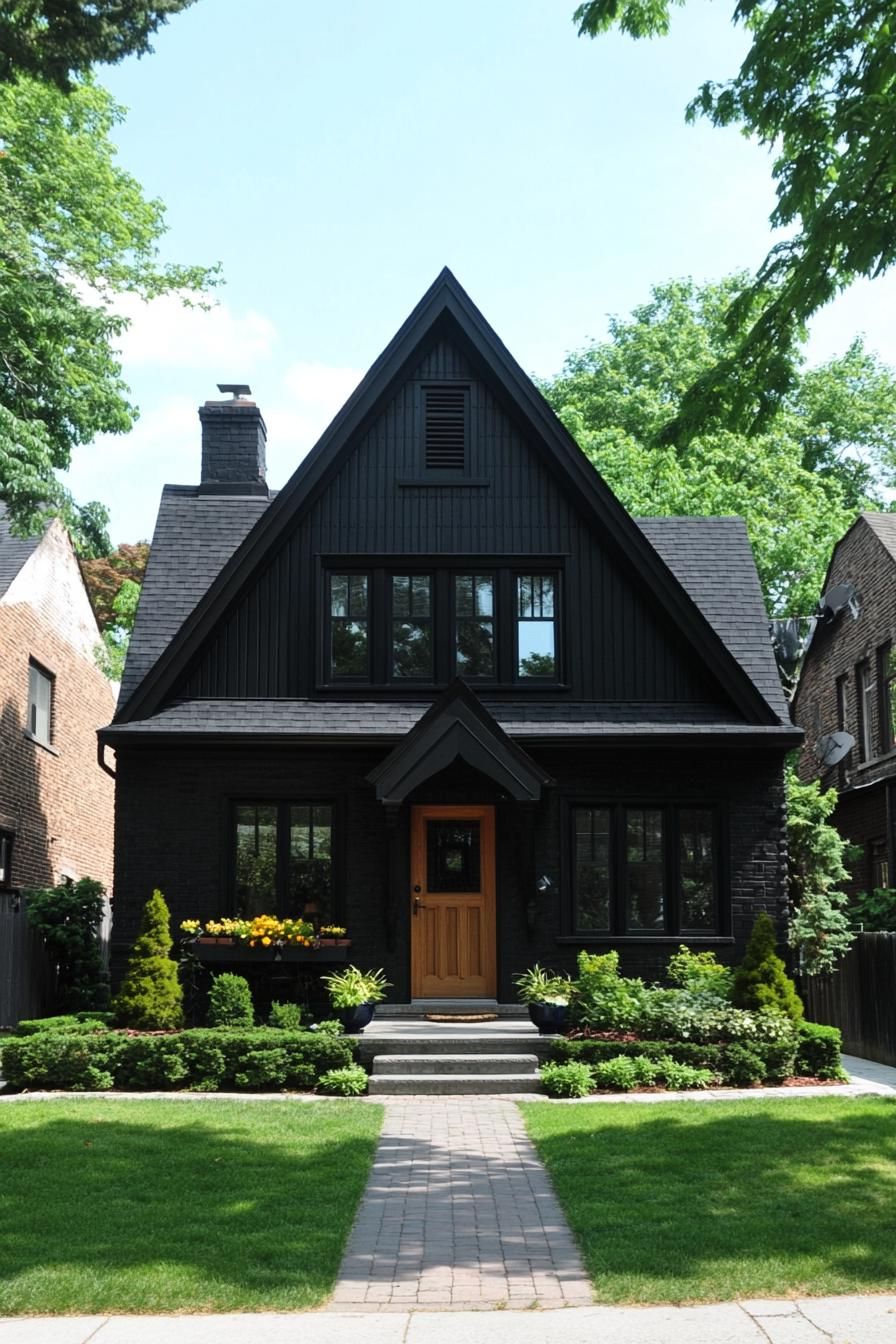 Black house with triangular roof and lush garden