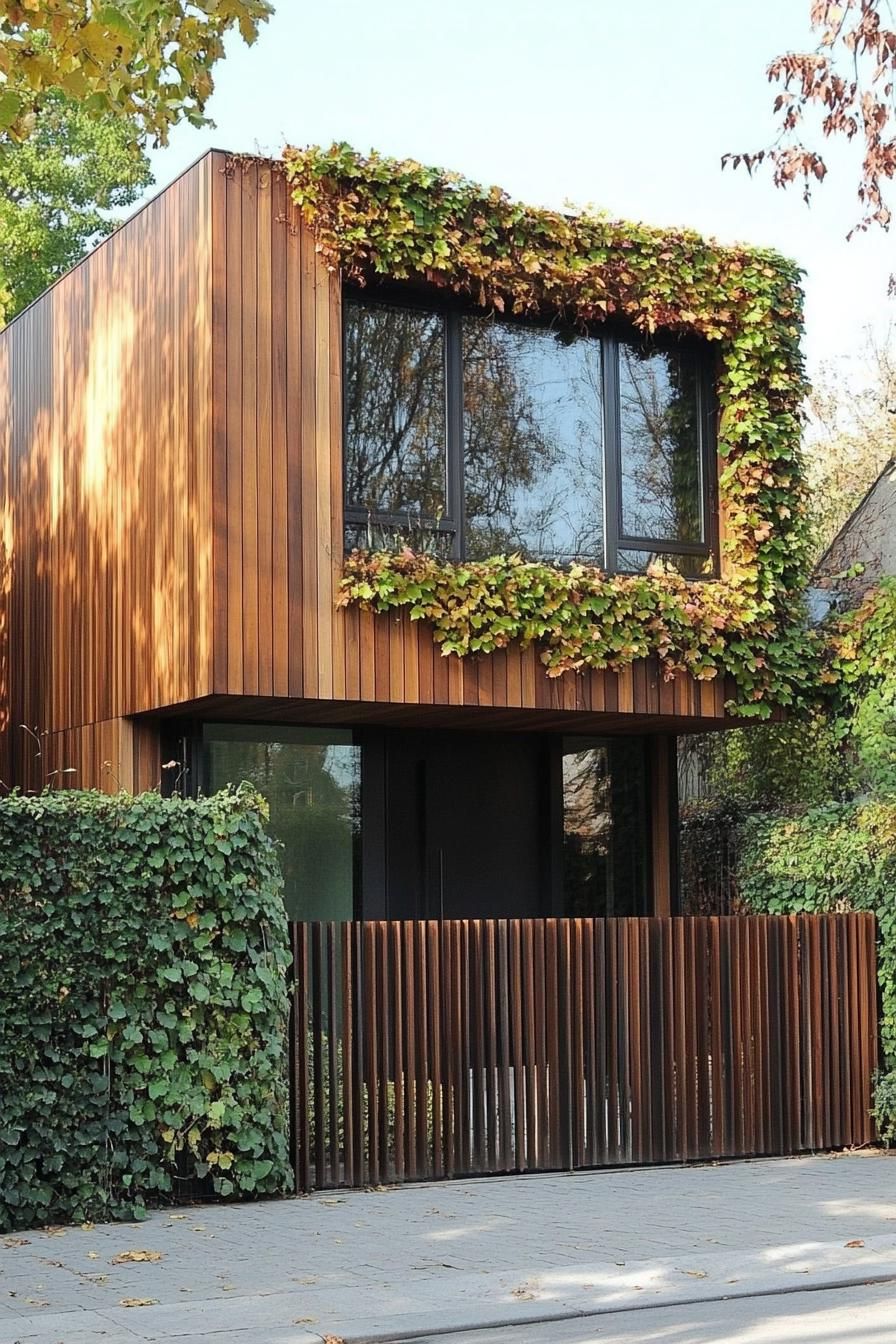 modern house facade with oak cladding and vertical wood slat panels modern wooden fence with vines 3