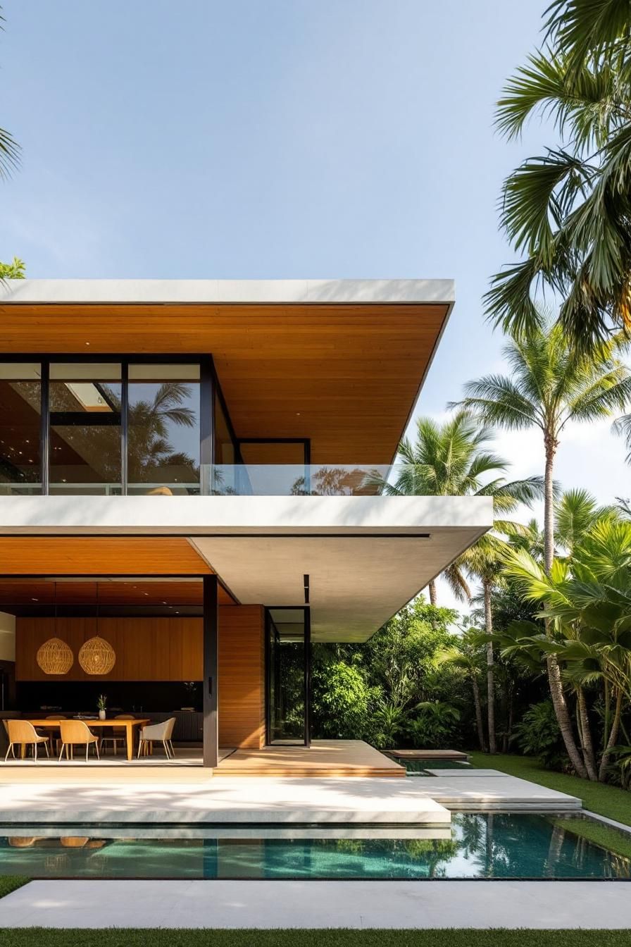 Modern tropical home with pool and palm trees