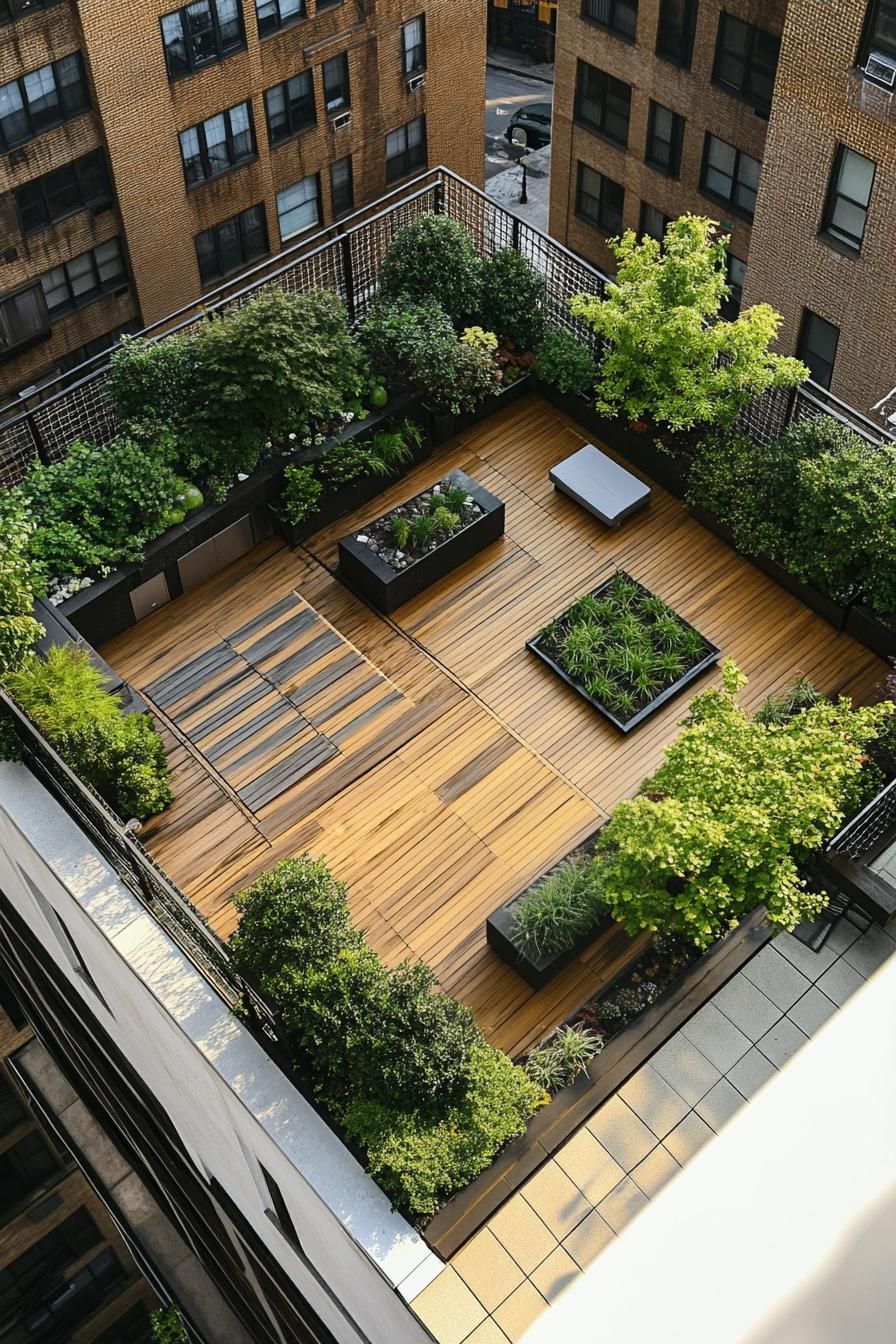 top view of rooftop terrace garden with wooden deck outdoor metal furniture garden beds with native plants 1