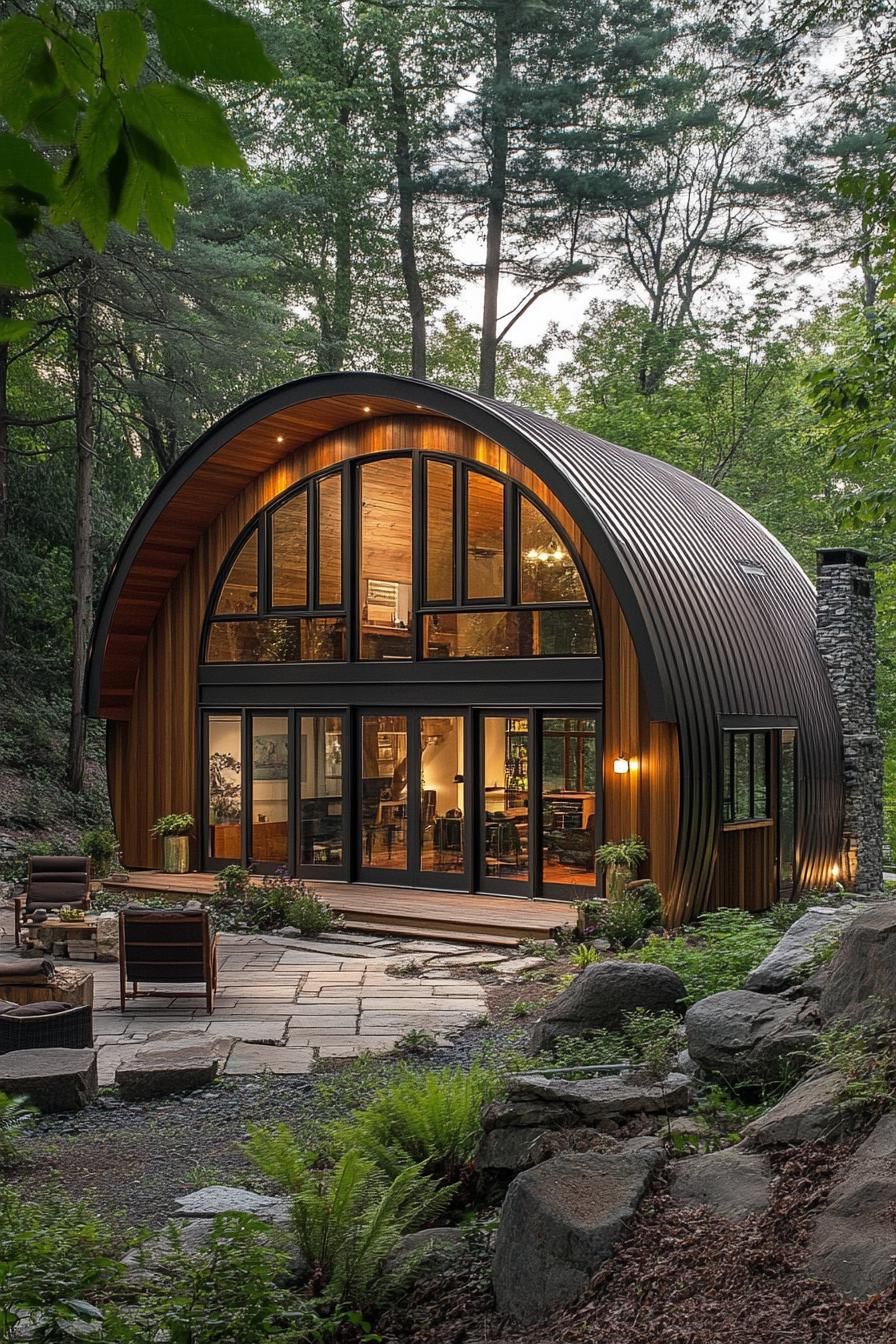 Unique arched Quonset-style cabin nestled in a forest