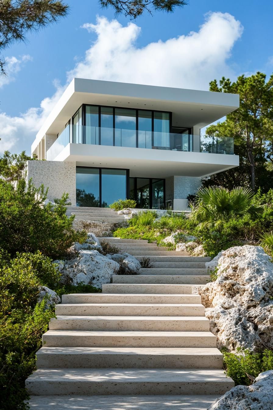 Modern white house with steps and greenery