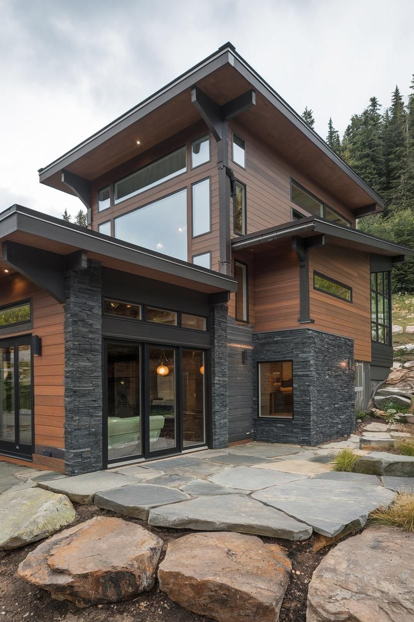 Modern mountain cabin with stone and wood design