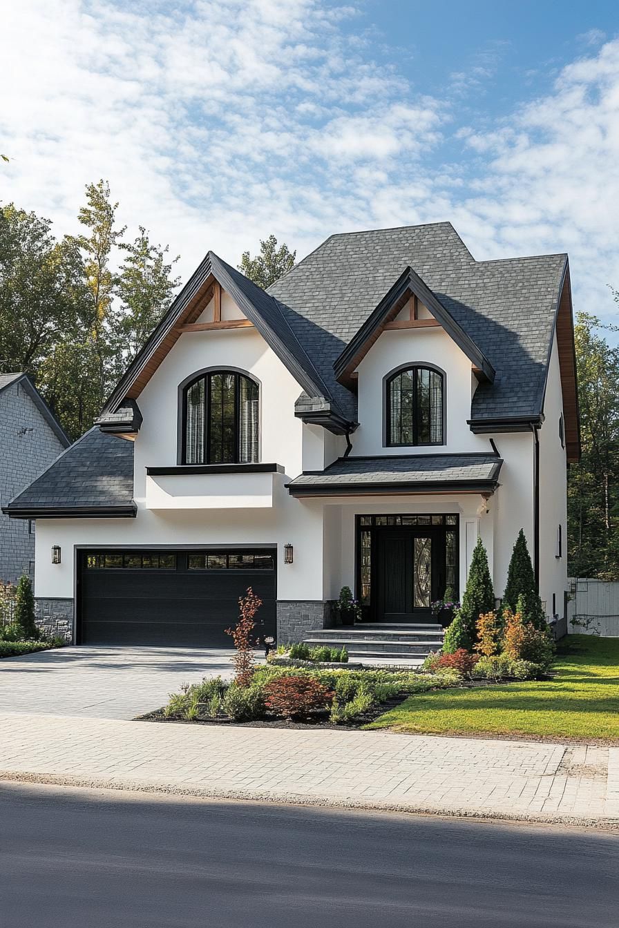 Modern suburban house with a striking roofline and lush greenery