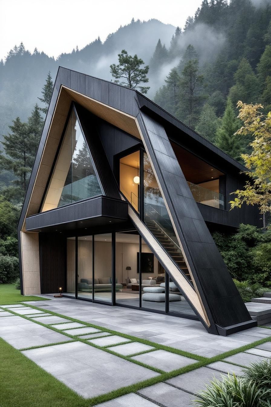 Futuristic triangular house with large windows surrounded by lush trees