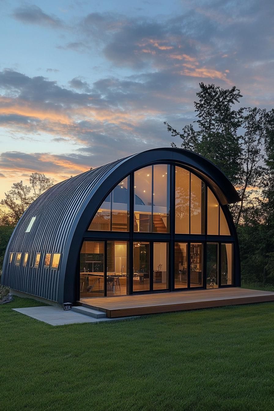 Modern Quonset hut with glass facade reflecting sunset