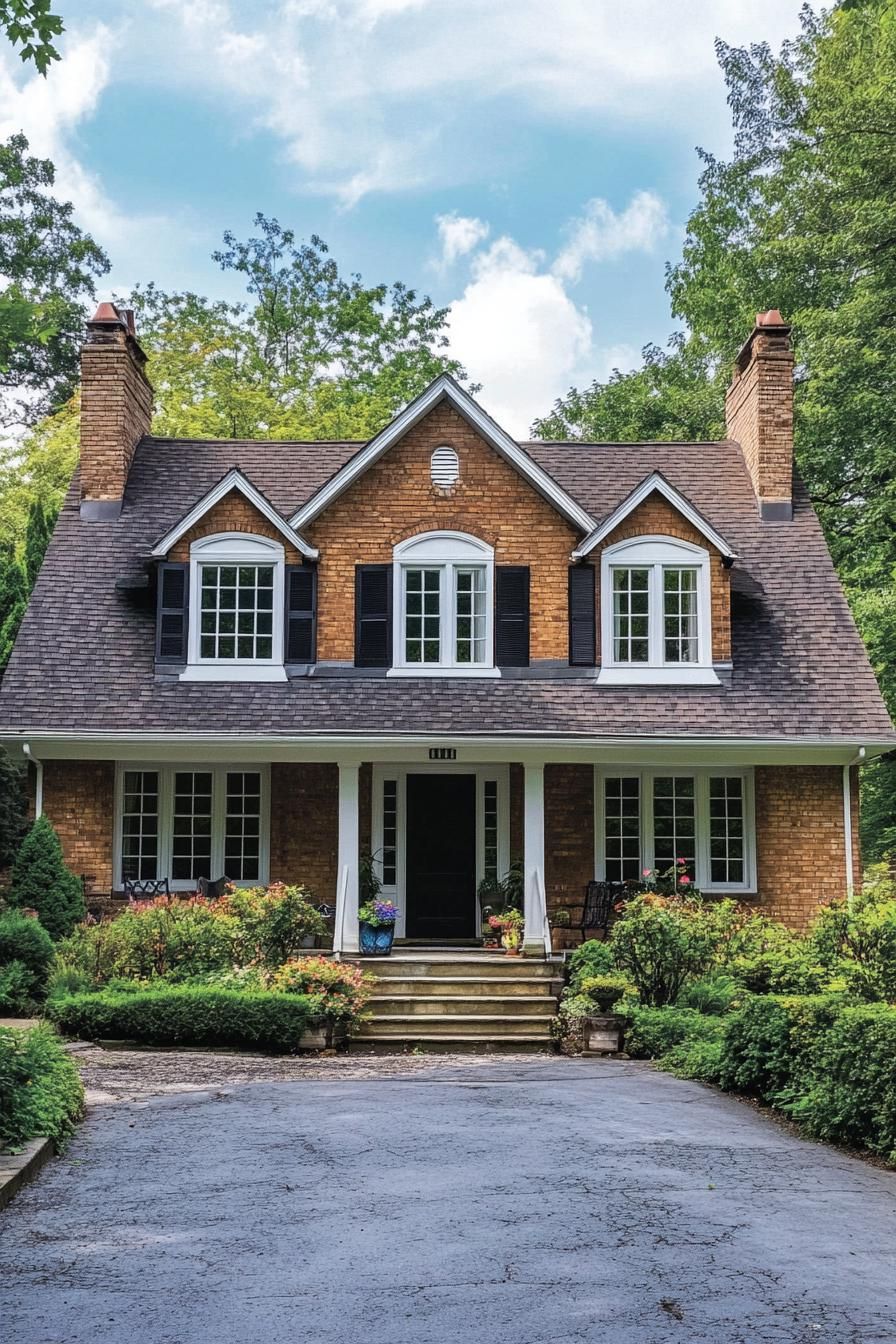 Charming brick house with a lush garden and a welcoming porch