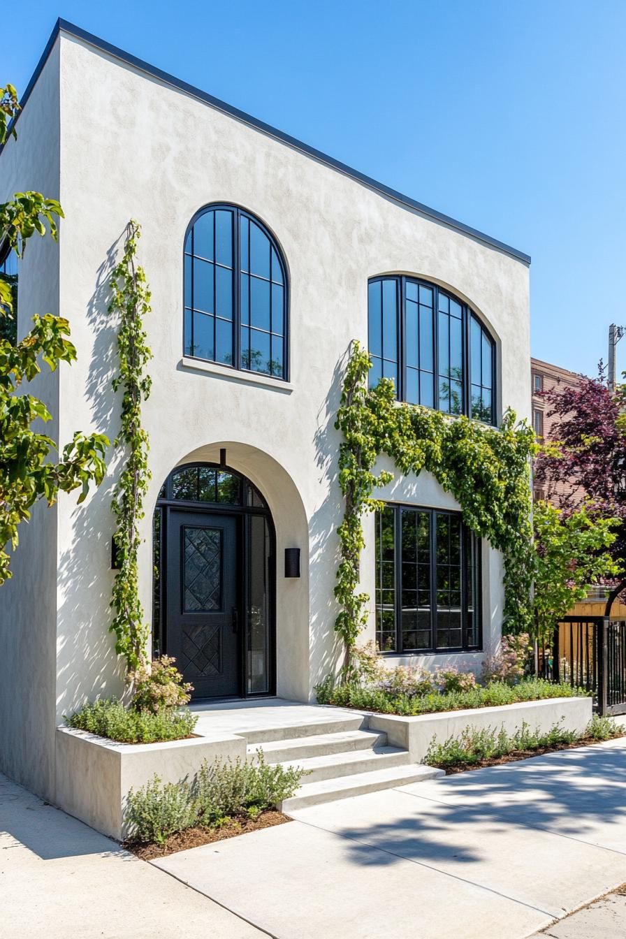 modern concrete villa with white stucco siding front arched windows and entryway vines on arches large modern windows in black trim front concrete 3