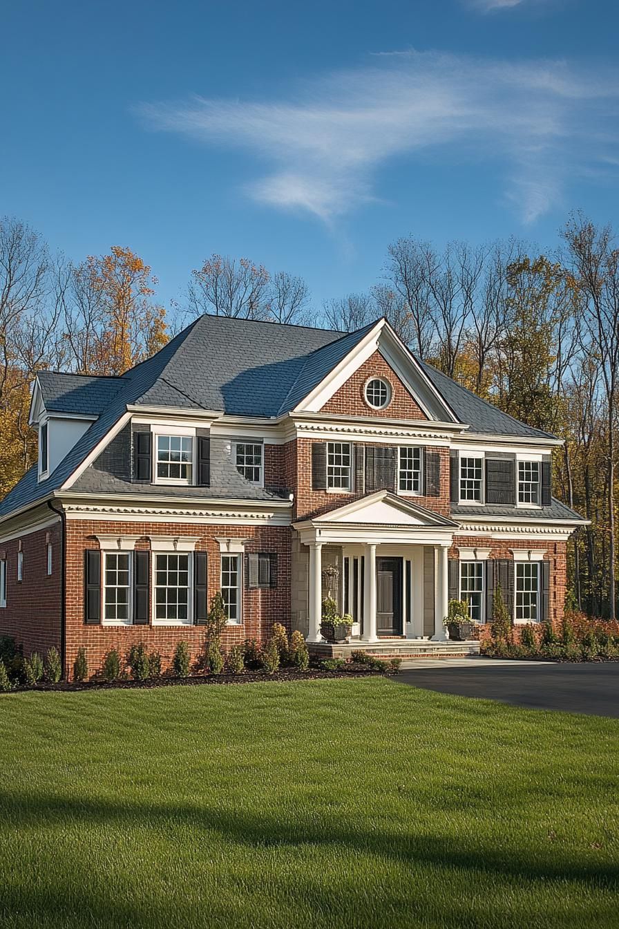 Classic brick Georgian home with symmetrical design and large lawn