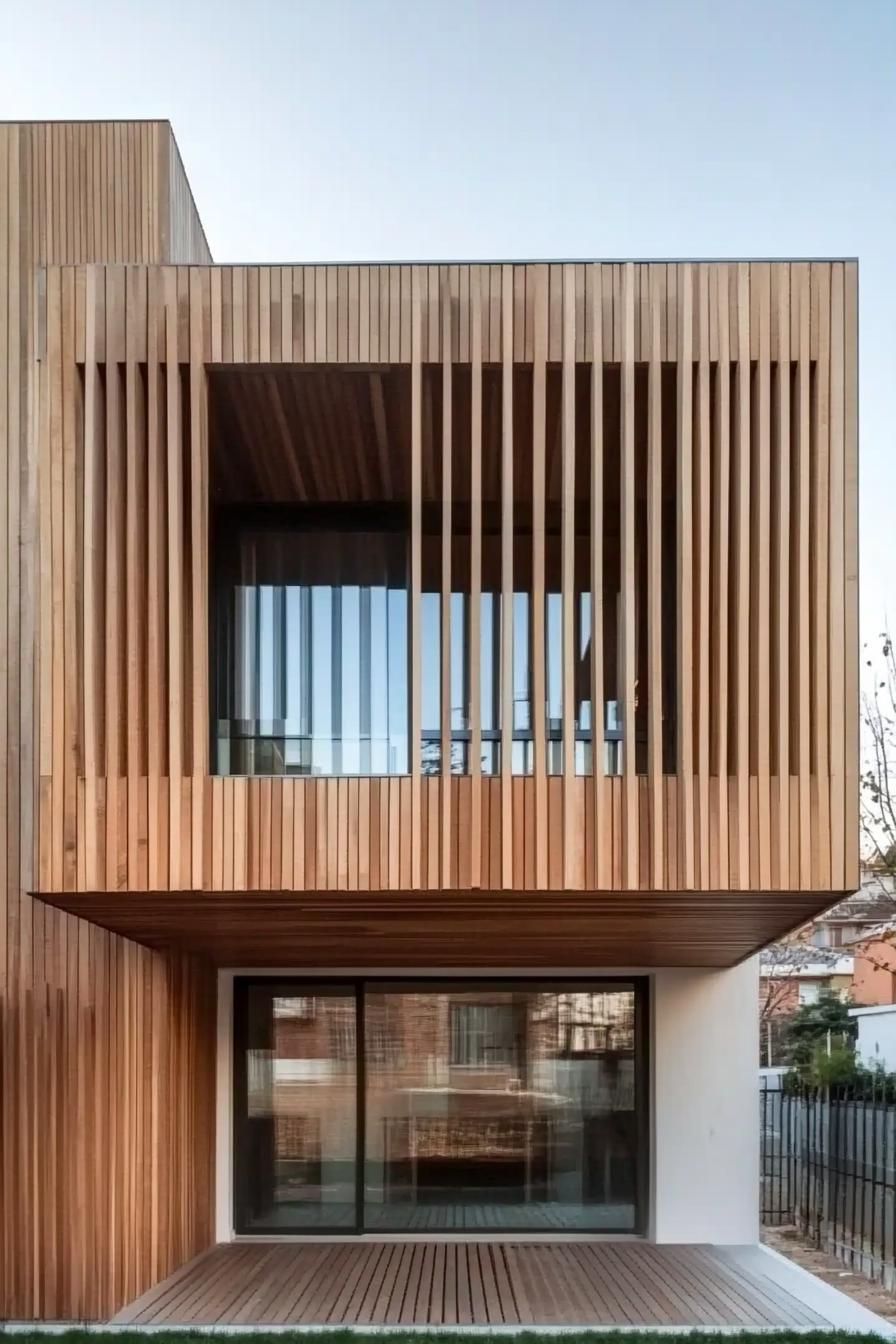 modern house facade with timber gladding and vertical wood slat panels 4