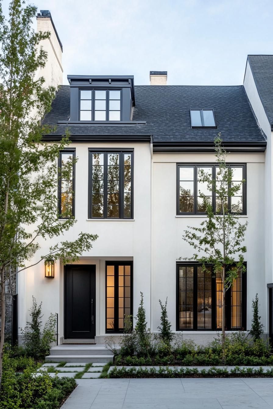 Modern white townhouse with black details and lush greenery