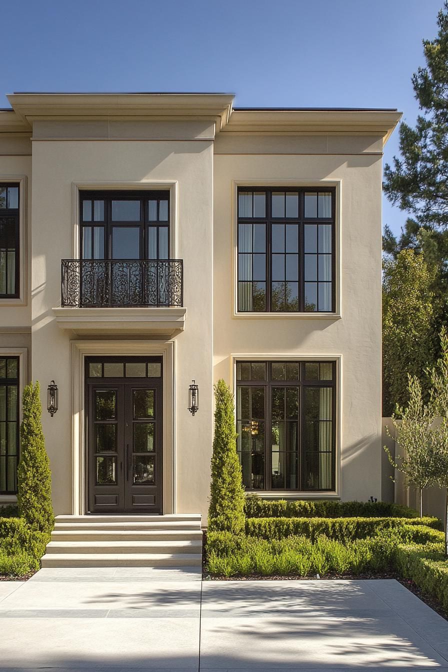 Townhouse with tall windows and manicured bushes