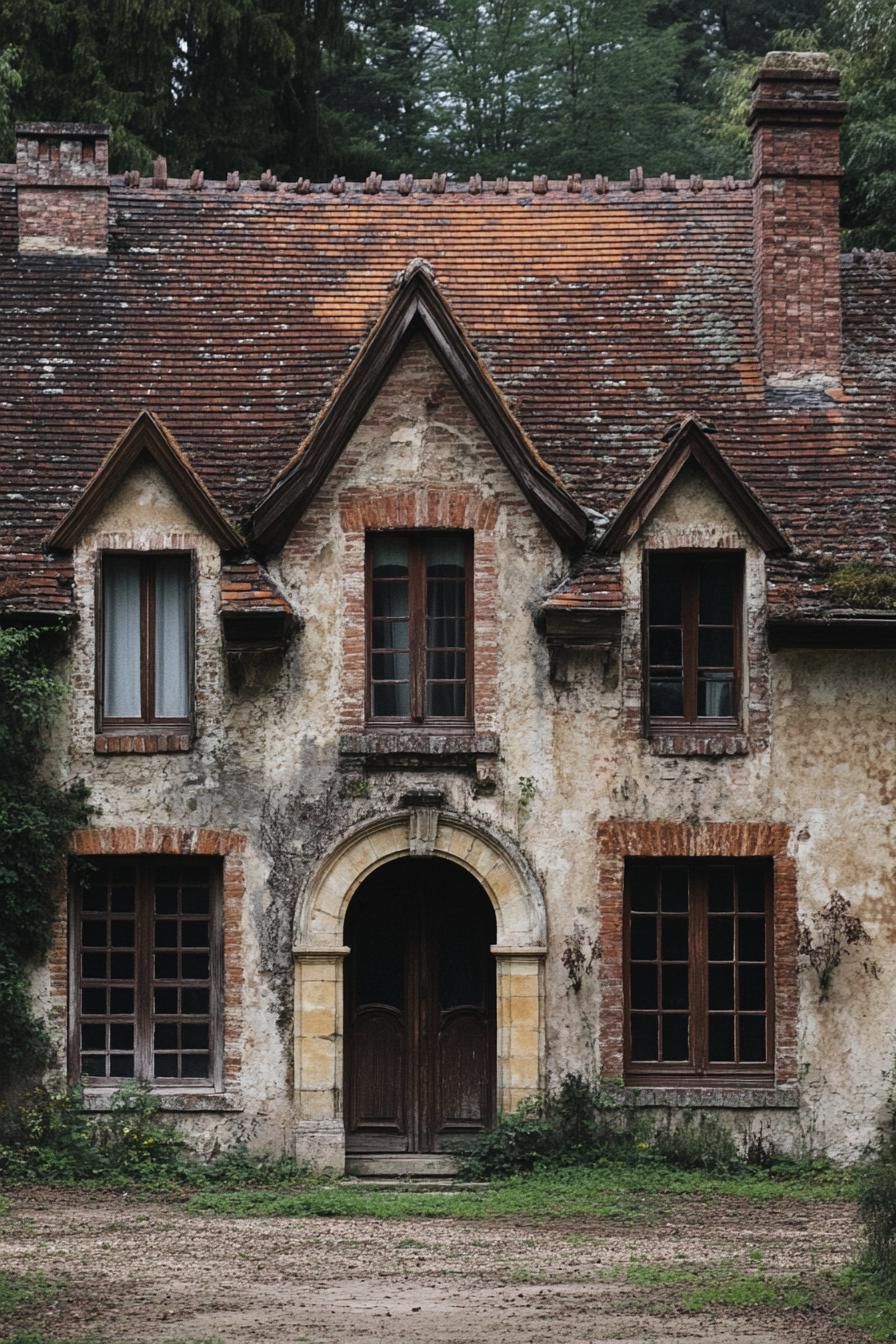 Rustic stone house with red brick gables