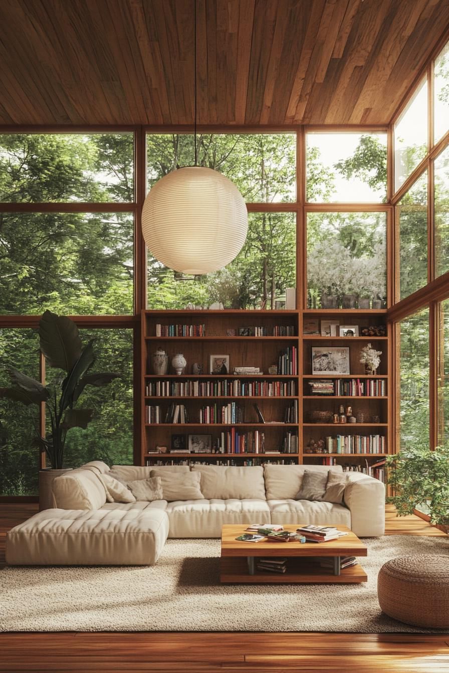 Cozy living room with a large bookshelf and lush greenery outside