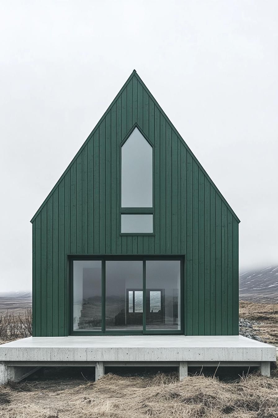 Green timber house with large windows set in a barren landscape