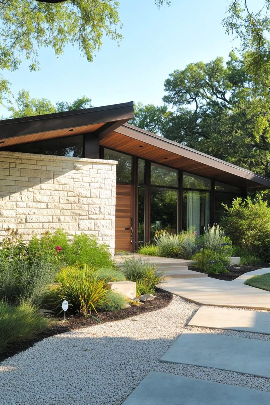 contemporary single story house exterior with polished limestone brick front wall siding walnut wood side wall siding geometric roof with large