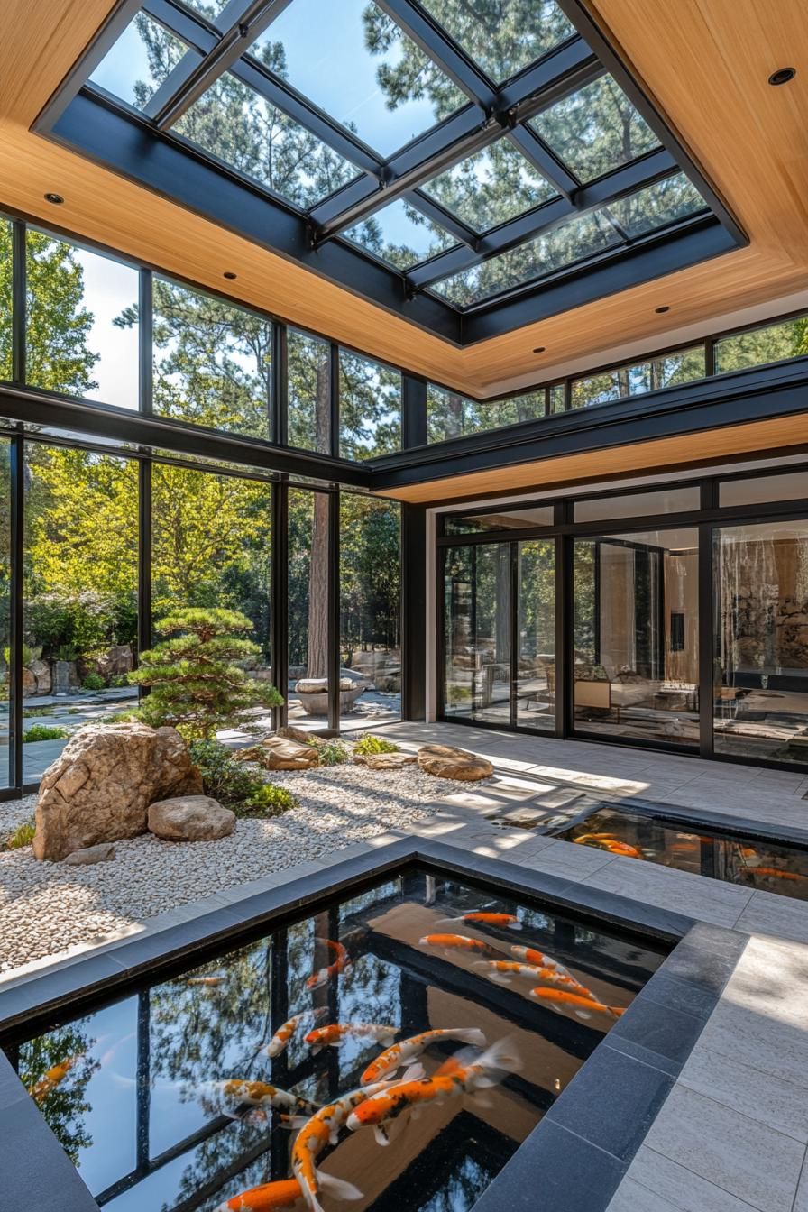 Modern Japanese courtyard with glass roof and koi pond