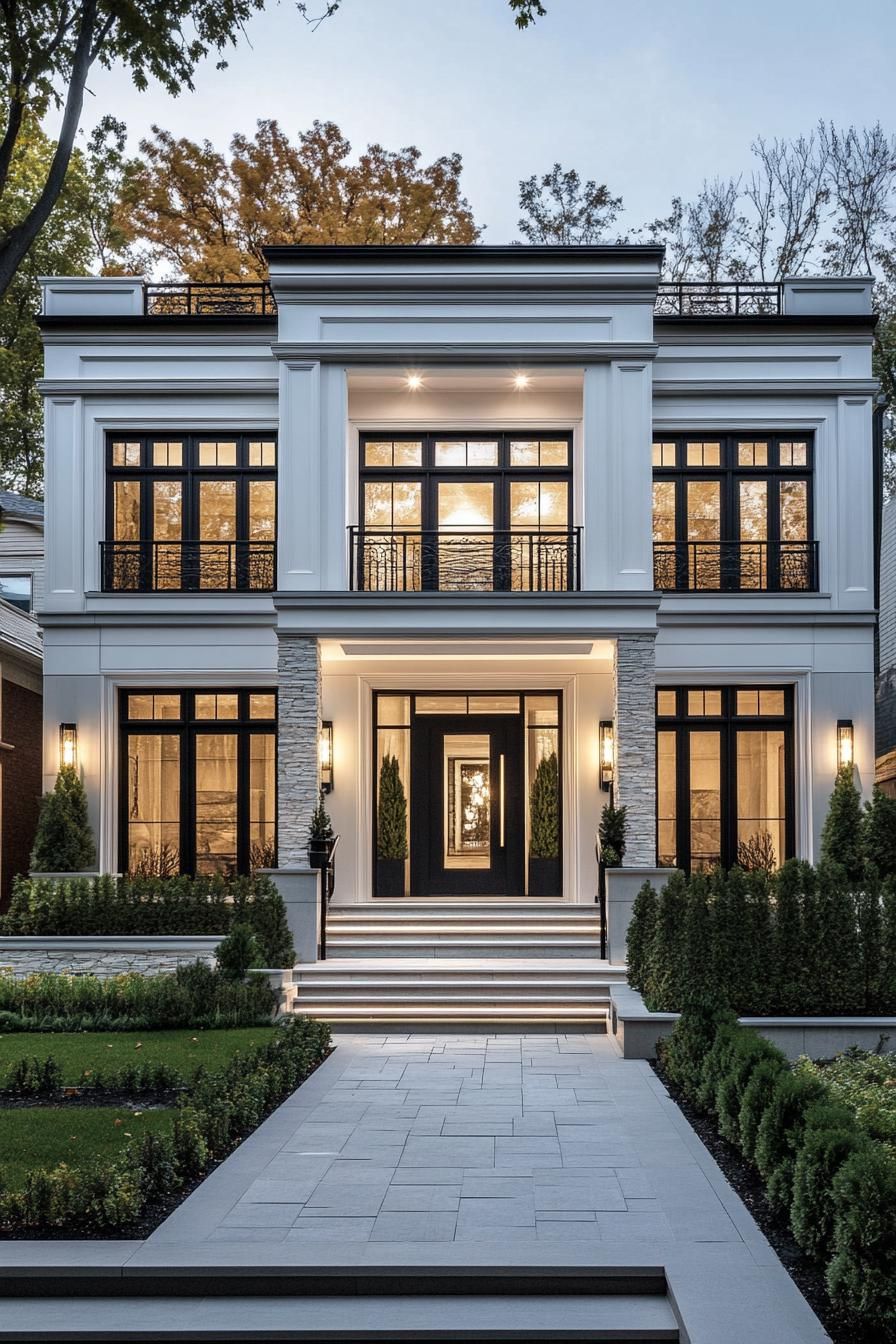 modern villa design with white facade and black trim accent stone mosaic chimney large modern windows with black trim glass front doors balconies