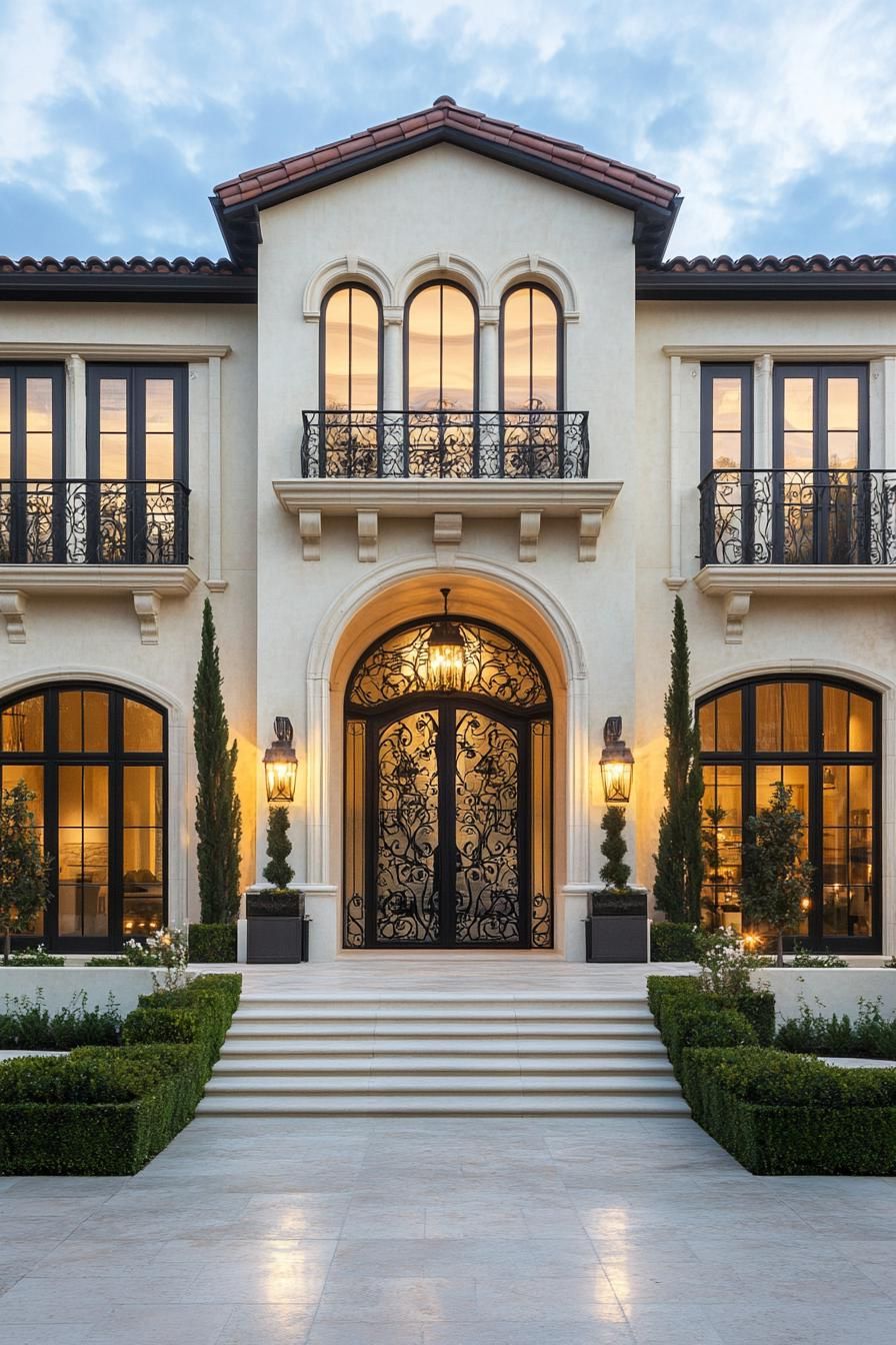 Lavish mansion entrance with ironwork and symmetrical design