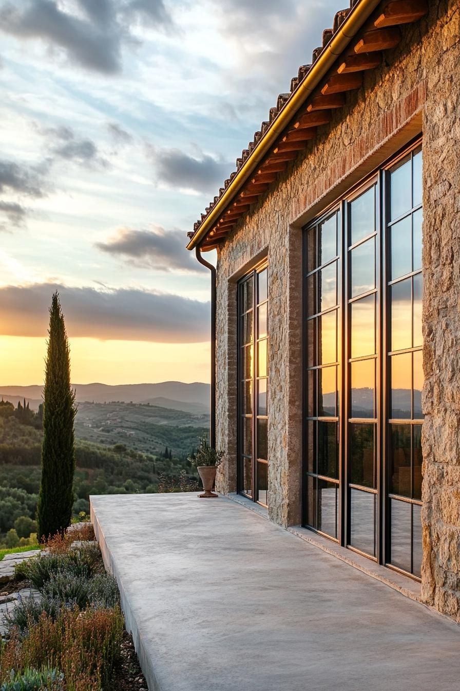 Tuscan stone house with modern windows and siliding doors concrete patio overlooking stunning Tuscany hills