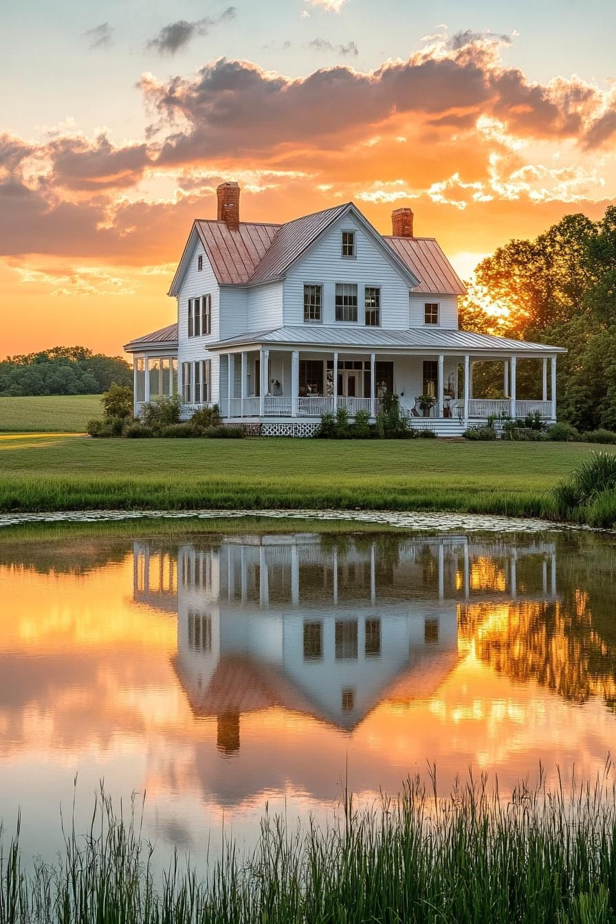 white farmhouse with large wraparound porch large pond with reflection of the house in front sunset scene scenic farmland landscape