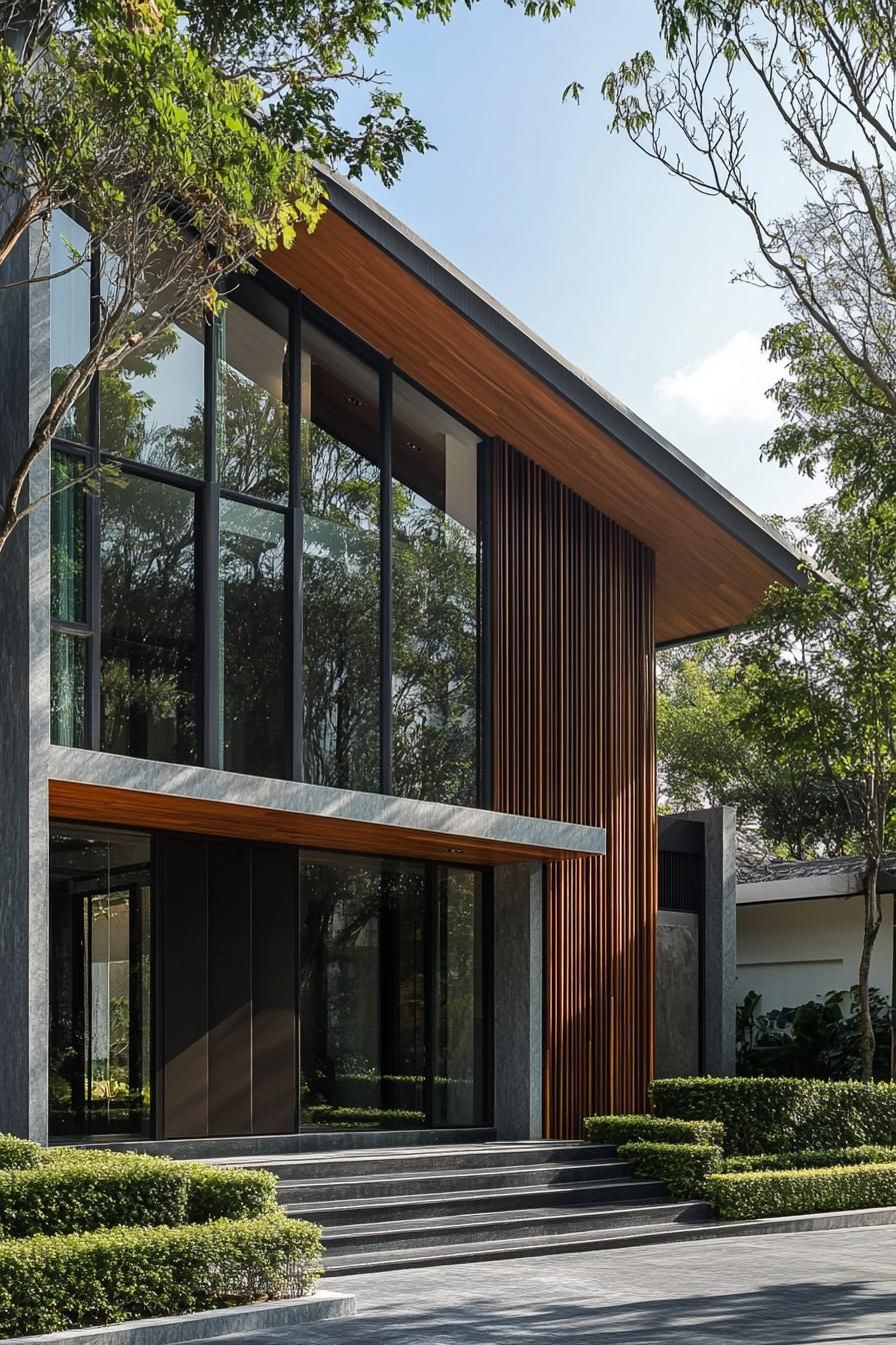 Contemporary house with wood paneling and glass walls