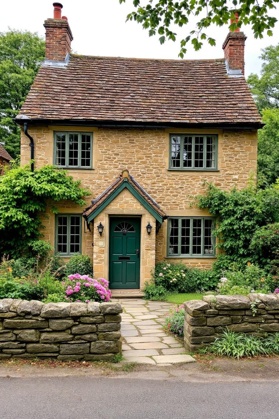 Quaint stone cottage with green door and floral surroundings