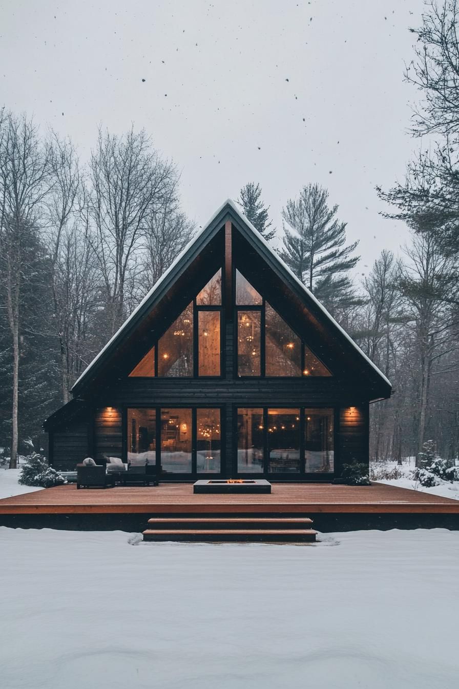 A-frame cabin surrounded by winter forest, glowing warmly