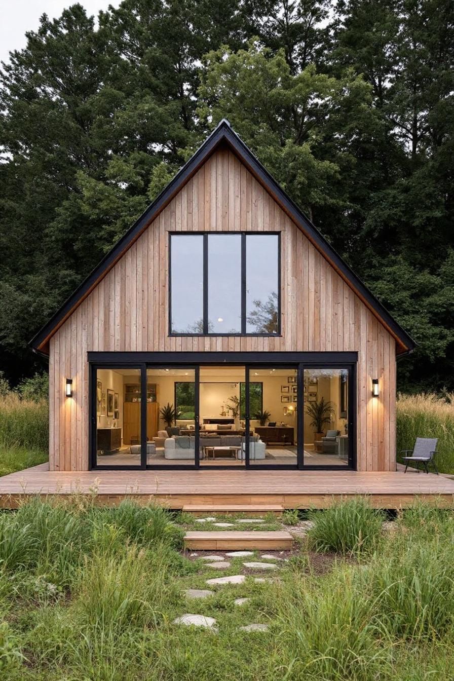 Wooden house with large glass windows set in a lush setting