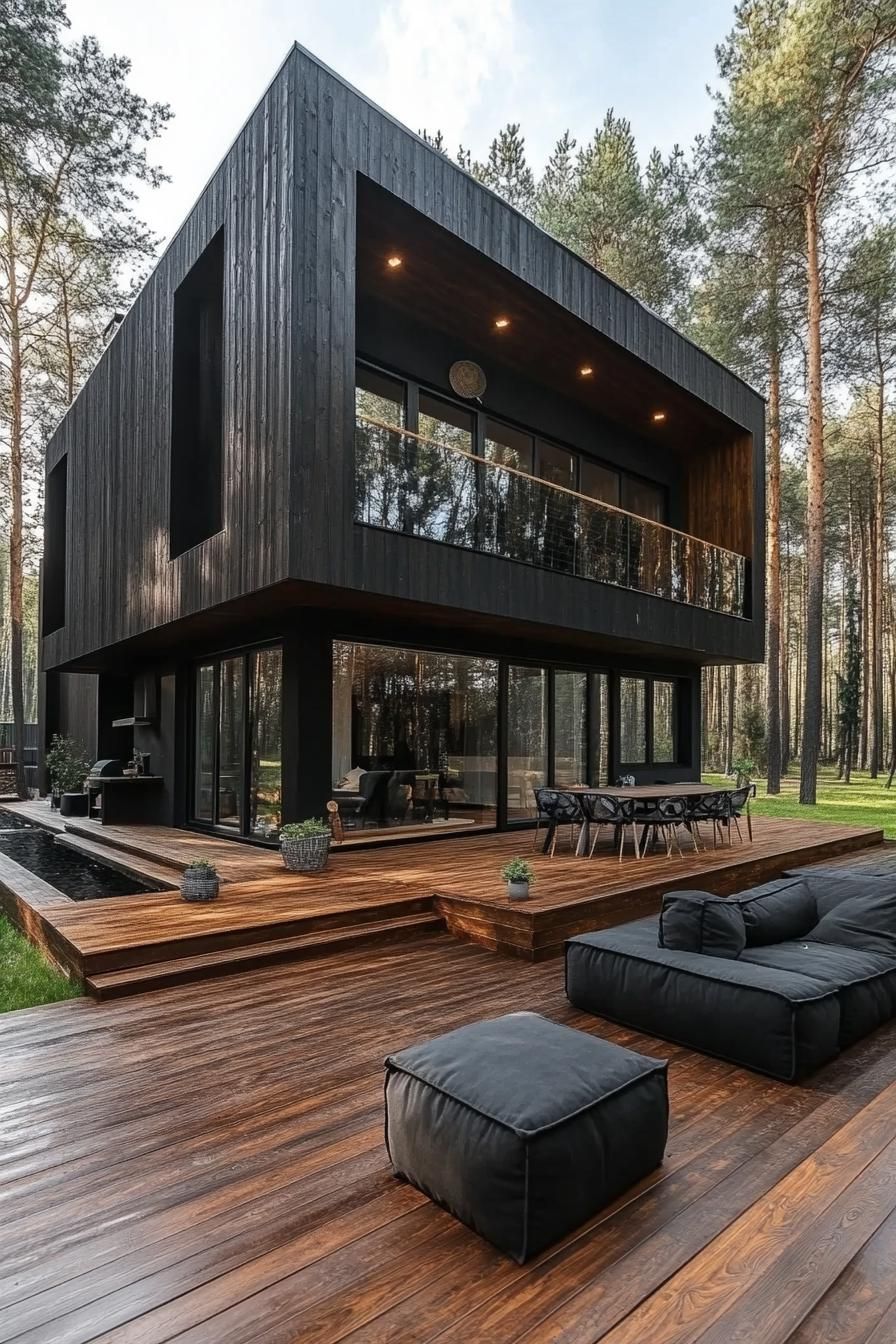 modern cube house with charred wood cladding large deck forest background 3