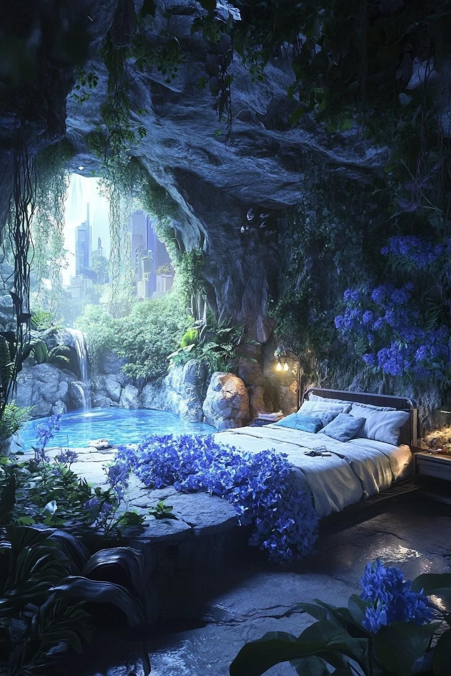 dreamscape of a cave home bedroom the walls are overgrown with dark blue flowers theres a cave pool with lush plants 1