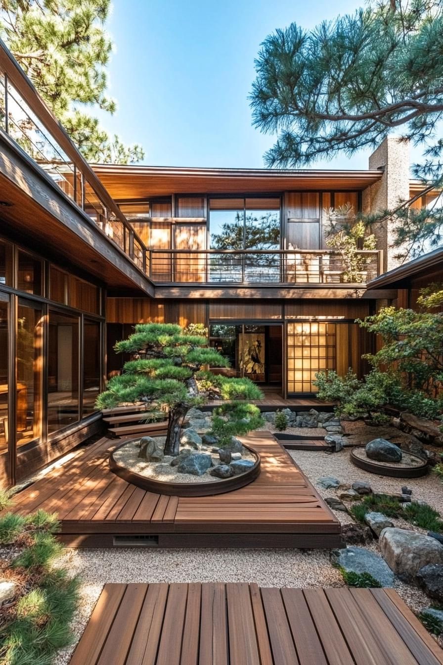 Japanese courtyard with wooden deck and bonsai trees