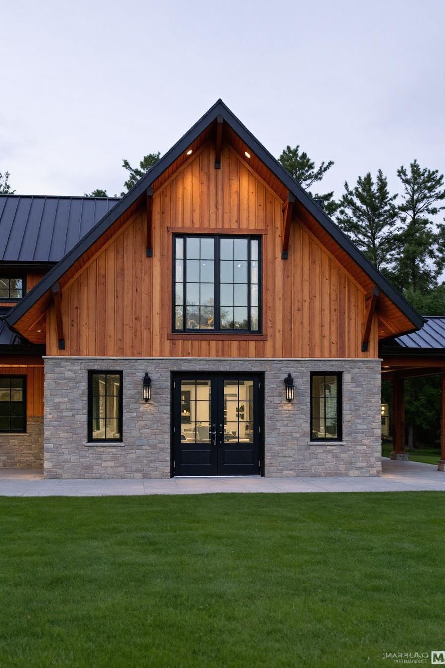 Charming wooden A-frame barndominium with stone accents