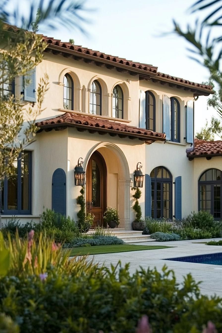 Elegant colonial home with archways and red-tiled roof