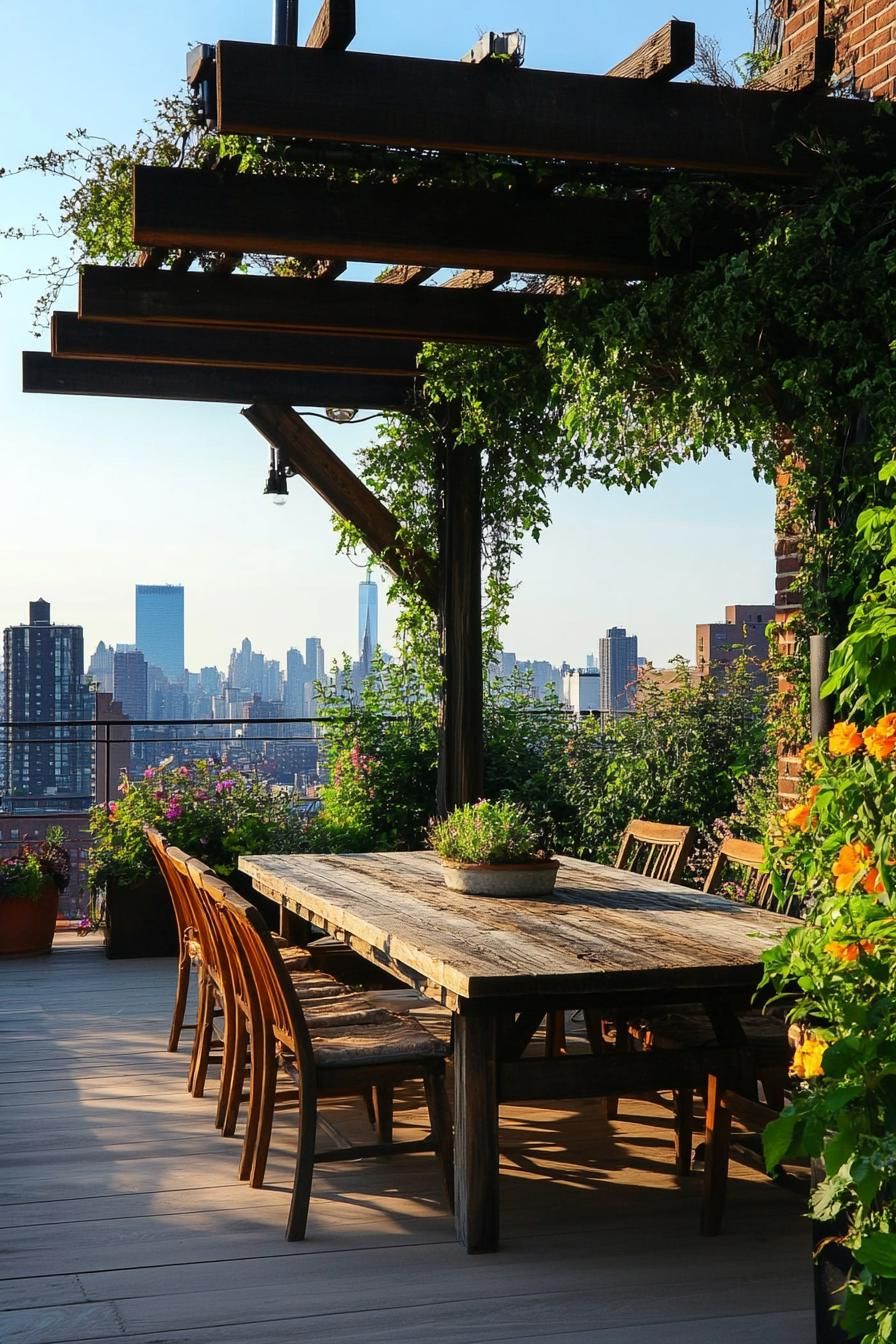 rooftop terrace with farmhouse dining table and chairs