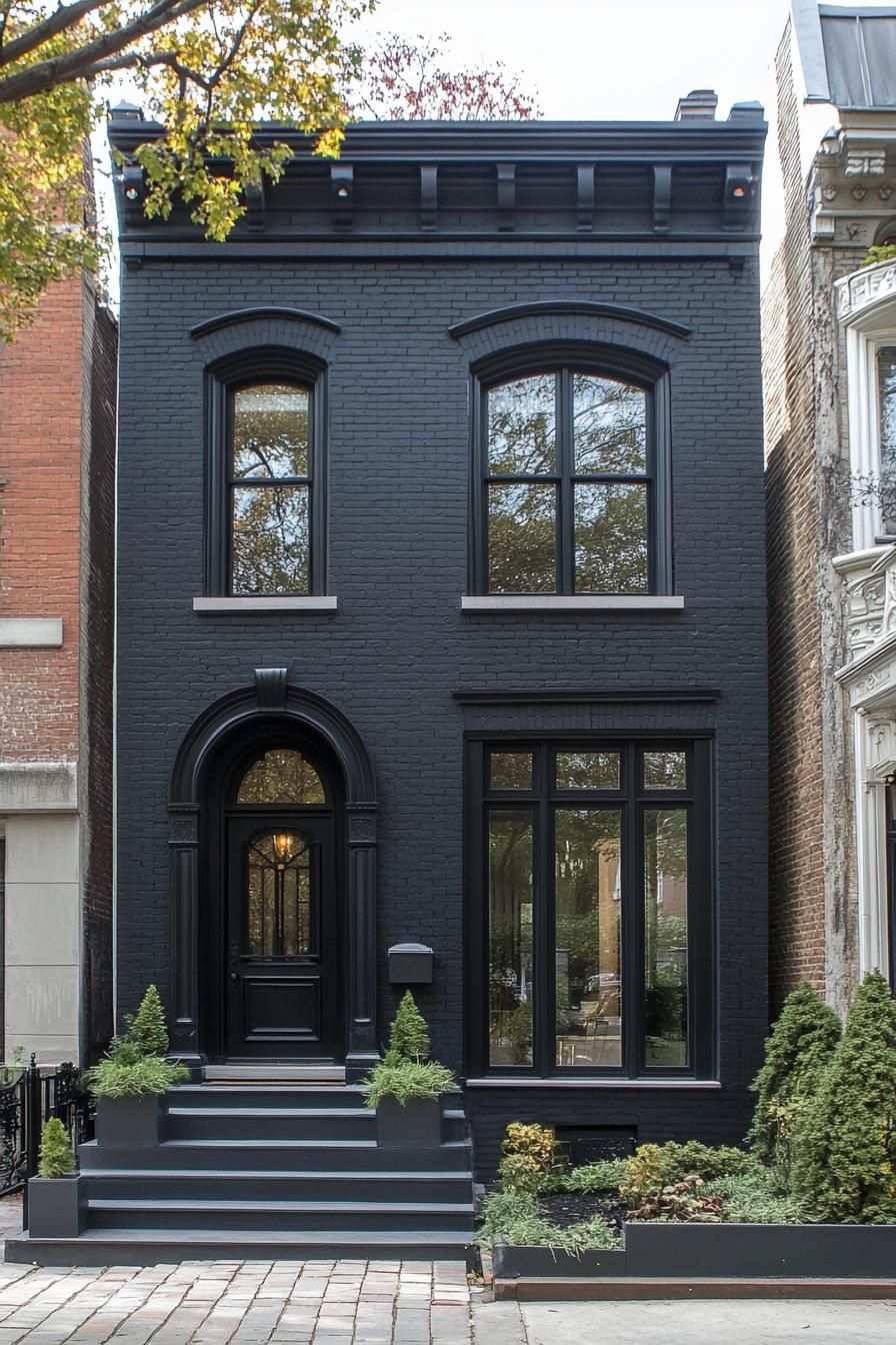 Dark brick house with arched windows and door