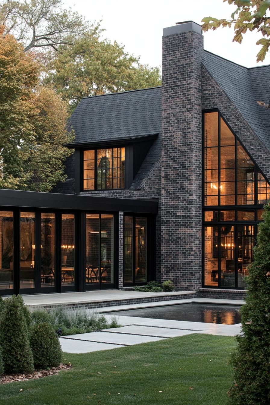 modern dark brick cottage house with black trim multi pitche black roof brick chimney large windows with black trim concrete patio front yard