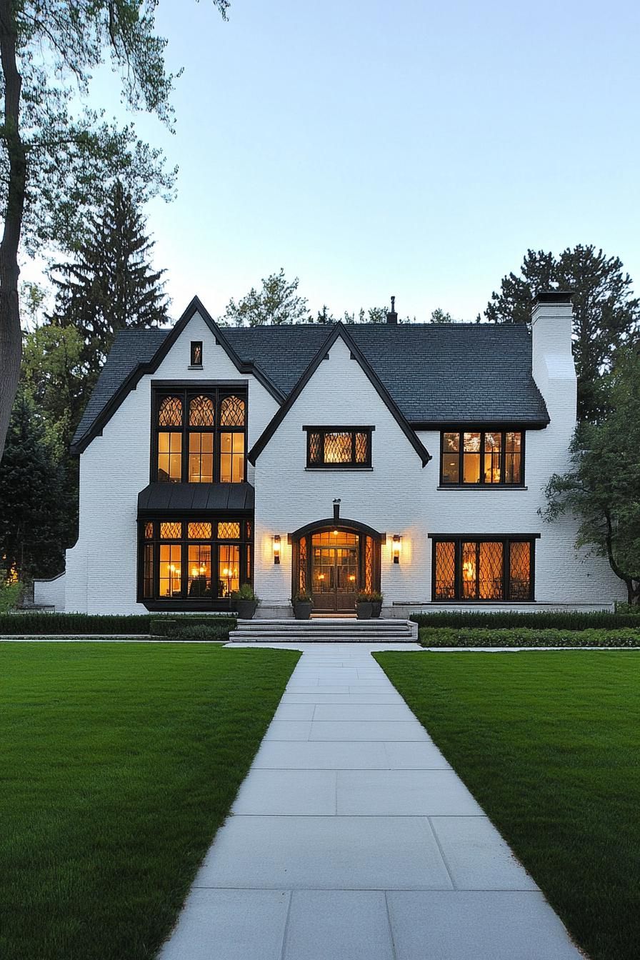 Exterior of a white-walled Tudor house with large windows and a manicured lawn