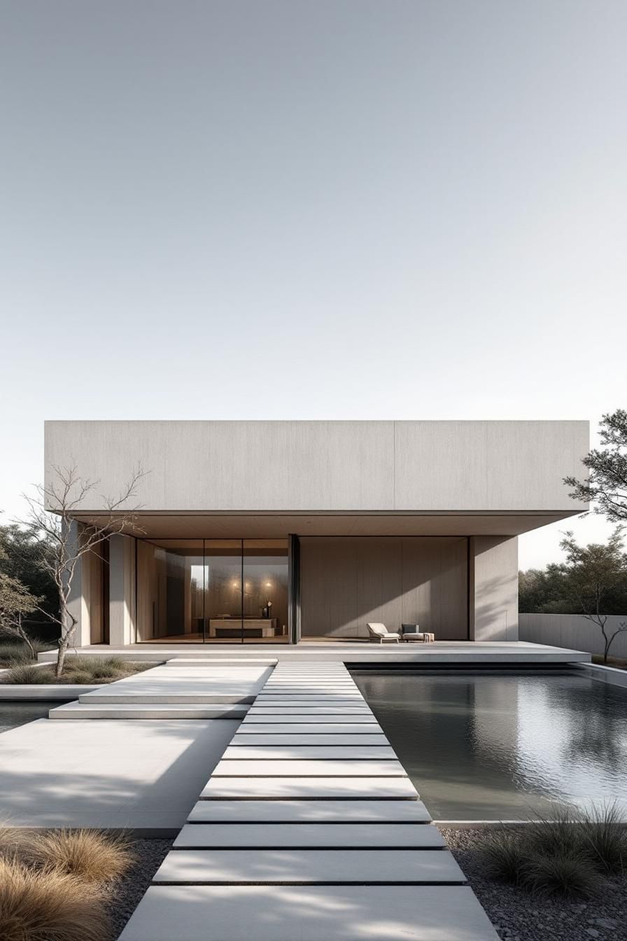 Minimalist concrete house with a pool and patio