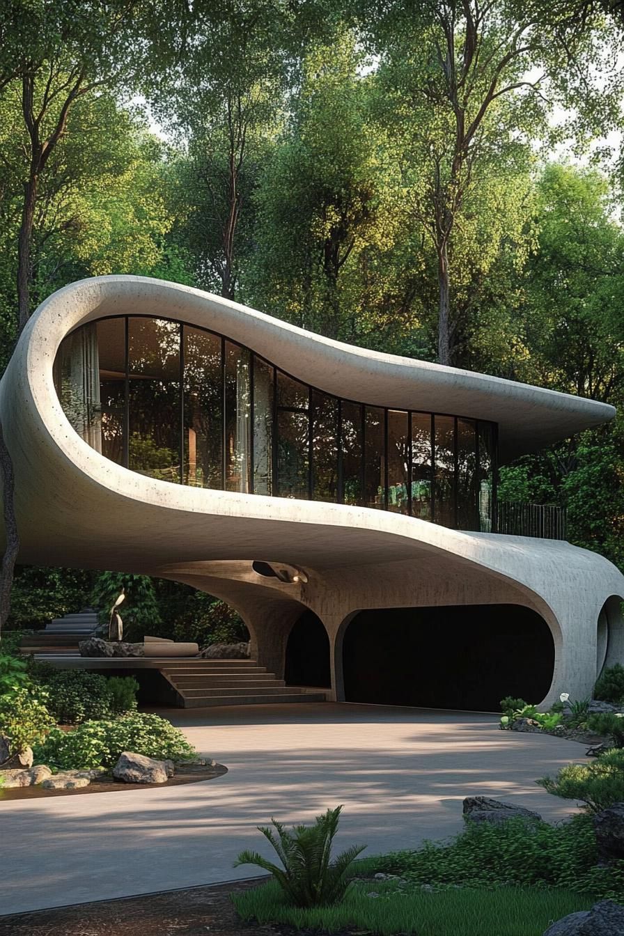 Futuristic home with curved architecture in a forest setting