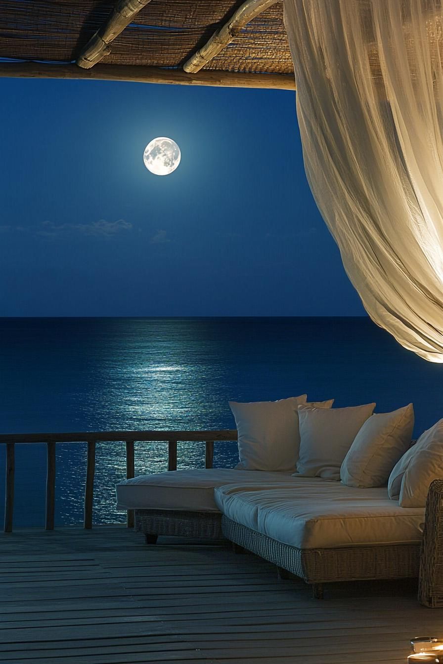 seafront deck with minimalist modern furniture canopy frame and sheer drapes night full moon lit sea view dreamscape