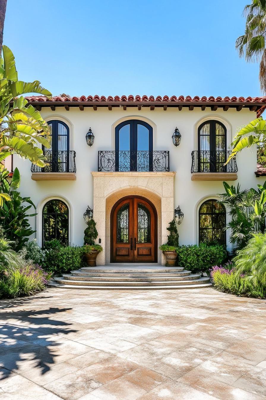 Elegant Mediterranean villa entrance with lush greenery