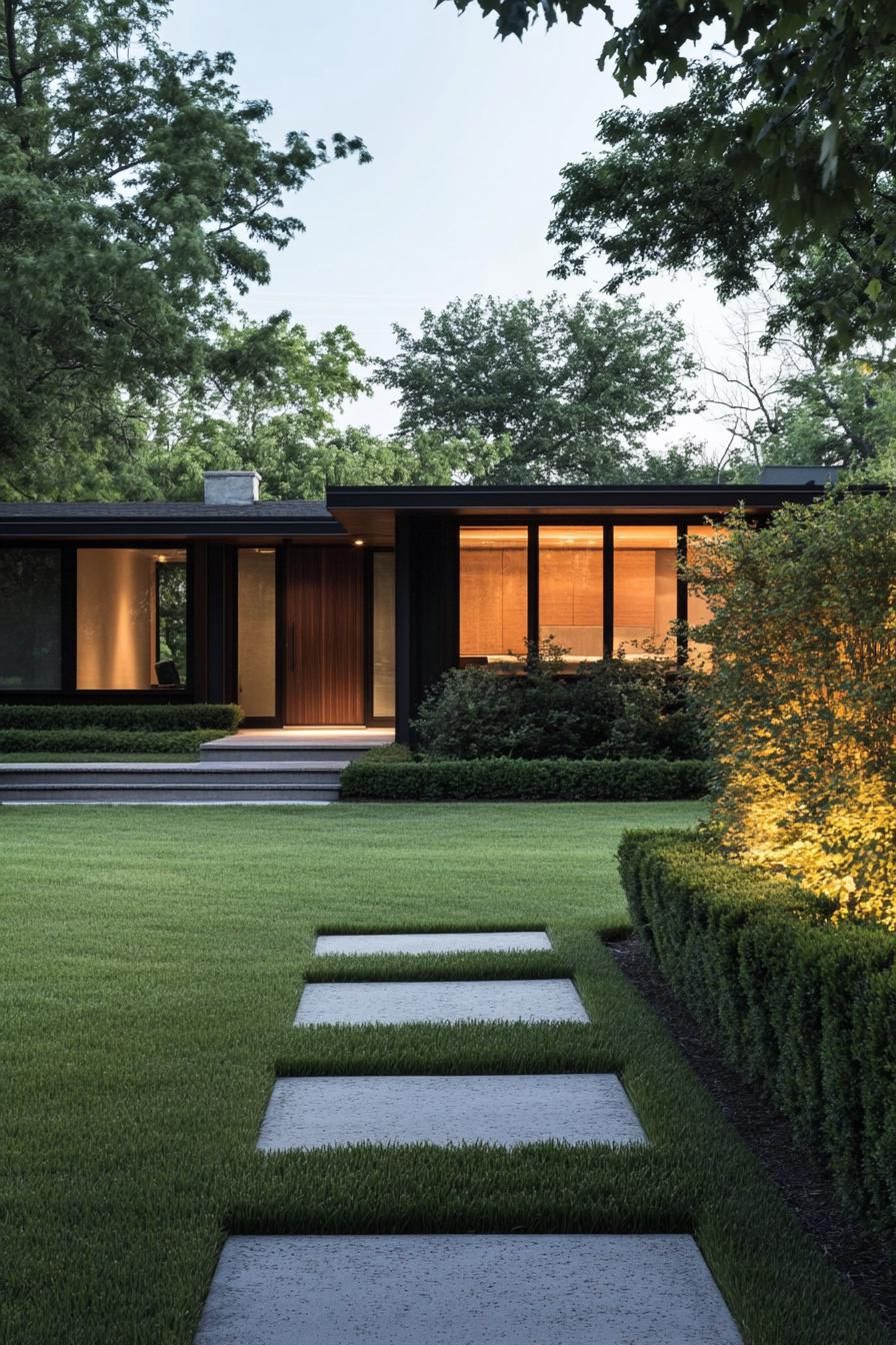 Modern bungalow with large windows and manicured lawn