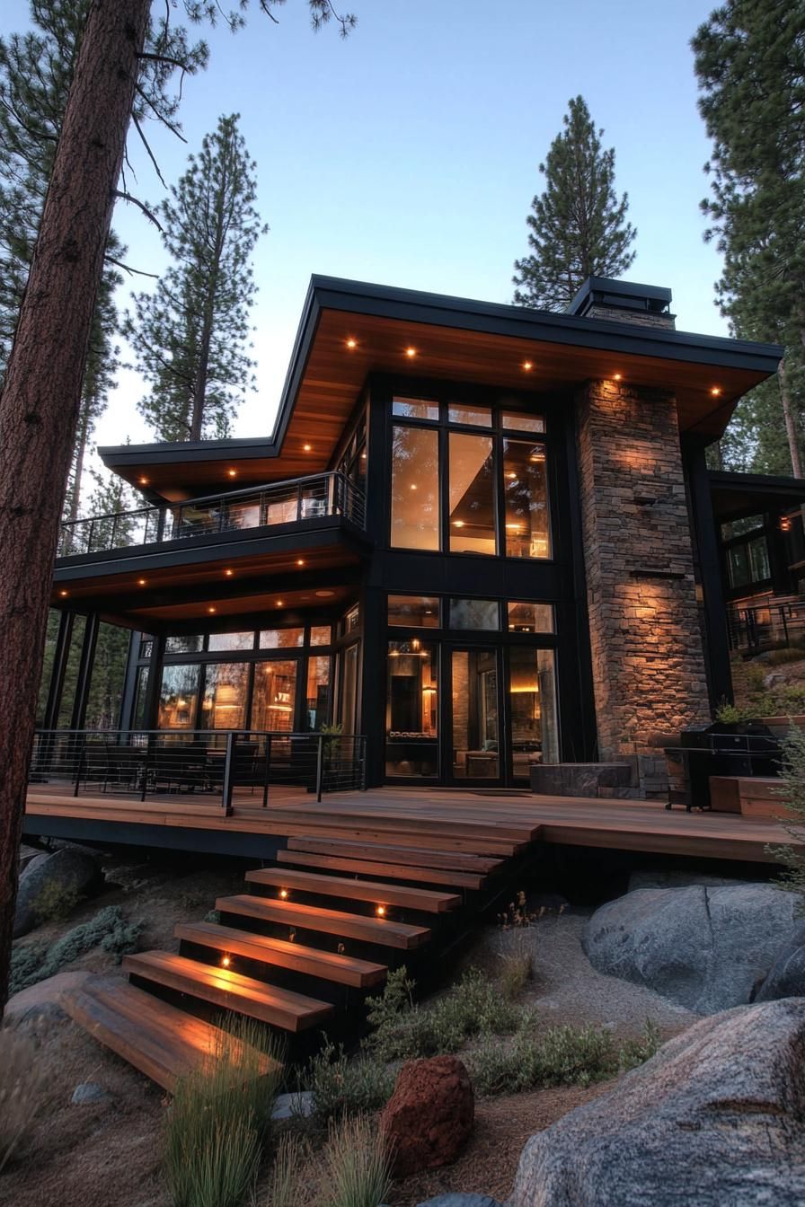 Modern flat roof house with large windows, nestled among tall trees