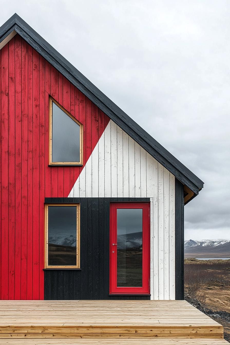 A vibrant, geometric house facade with red, white, and black panels