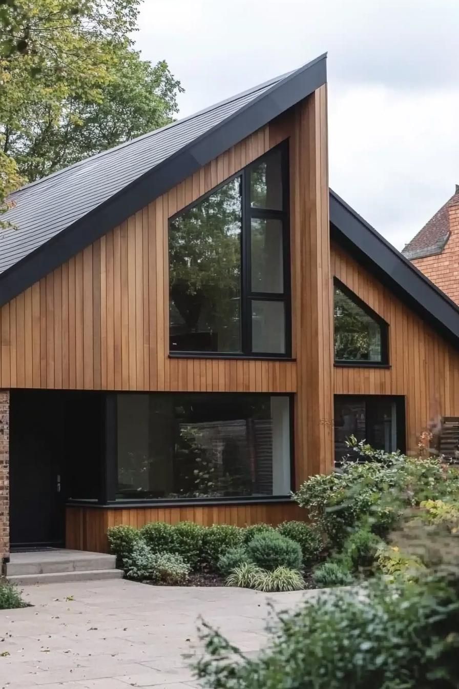 timber clad modern house with gable roof bungalow style large black modern windows suburban front yard with shrubs 6